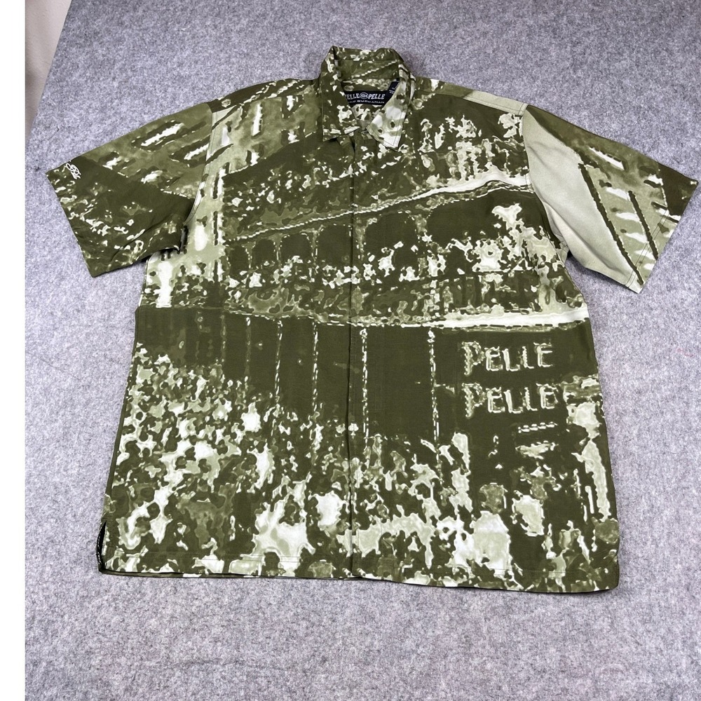 Pelle Pelle Marc Buchanan Shirt Mens XL Olive Green Graphic Print Button Down